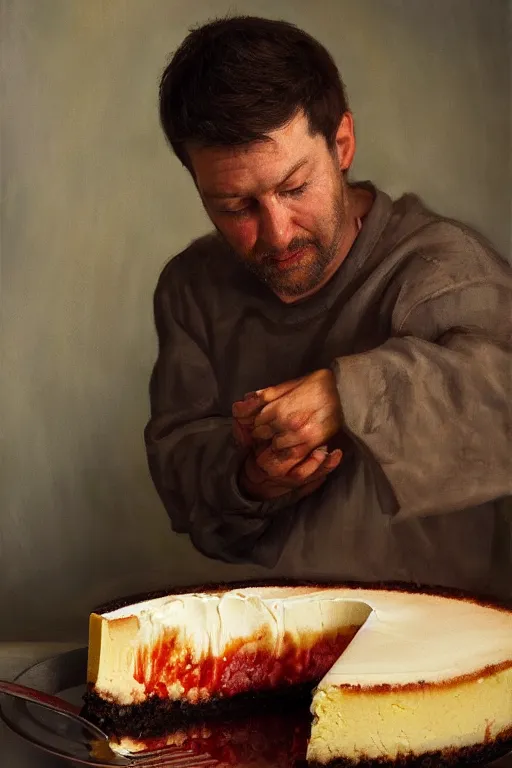 Image similar to man putting cheesecake in the fridge, oil on canvas, intricate, portrait, 8 k highly professionally detailed, hdr, cgsociety