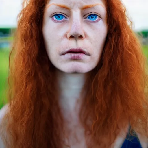 Image similar to close up portrait photograph of a ginger woman with polish descent, with deep blue eyes. Wavy long hair. she looks directly at the camera. Slightly open mouth, with a park visible in the background. 55mm nikon. Intricate. Very detailed 8k texture. Sharp. Cinematic post-processing. Award winning portrait photography. Sharp eyes.