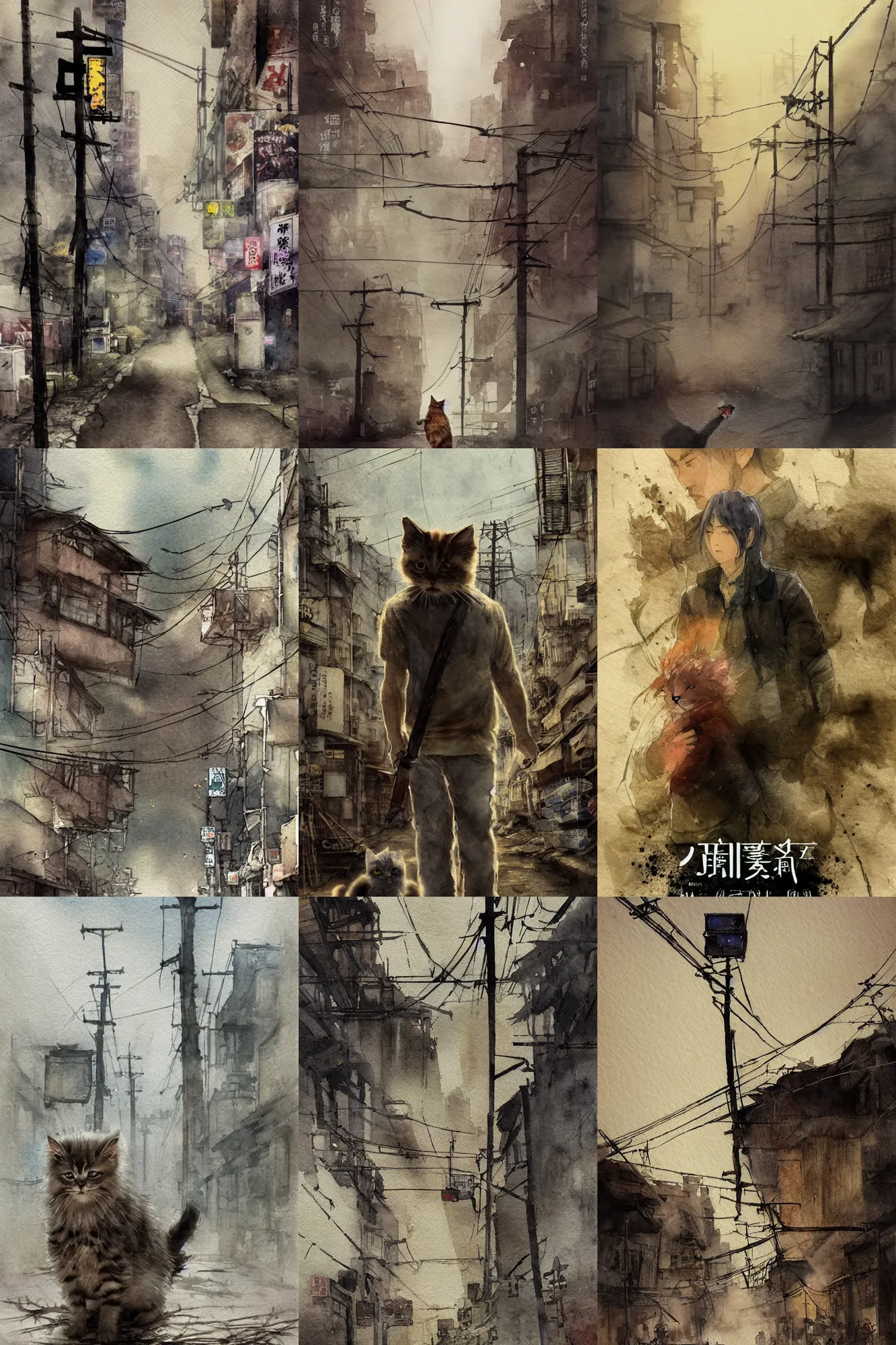 Prompt: incredible miyazaki, ruan jia movie poster, simple watercolor, back lit, paper texture, movie scene, distant shot of lost fluffy kitten in a deserted dusty shinjuku junk town, old pawn shop, bright sun bleached ground , spot light, pale beige sky, junk tv, texture, brown mud, dust, overhead wires, telephone pole, dusty, dry, pencil marks, hd, 4k, remaster, dynamic camera angle, deep 3 point perspective, fish eye, dynamic scene