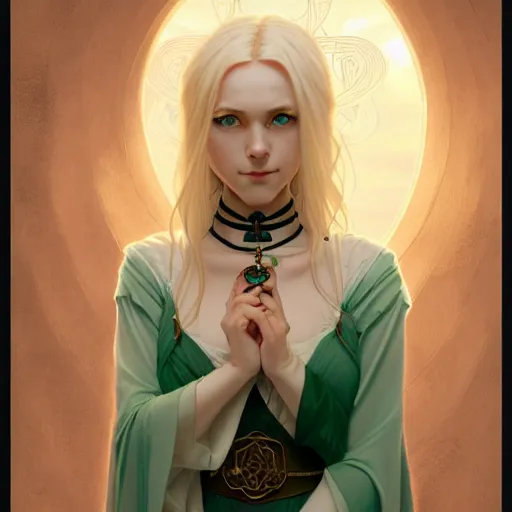 Prompt: Portrait of seductive female priest, D&D, green eyes, choker on neck, long blonde hair, slight nerdy smile, fantasy, intricate, elegant, highly detailed, digital painting, artstation, concept art, smooth, sharp focus, illustration, art by artgerm and greg rutkowski and alphonse mucha