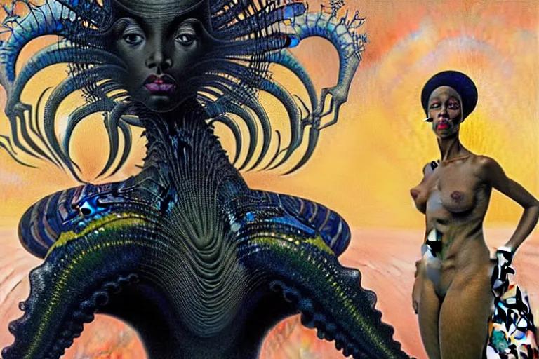 Prompt: realistic extremely detailed closeup portrait painting of a beautiful black woman wearing futuristic dress, mutant dragon and a single old house on background by Jean Delville, Amano, Yves Tanguy, Alphonse Mucha, Ernst Haeckel, Edward Robert Hughes, Roger Dean, rich moody colours