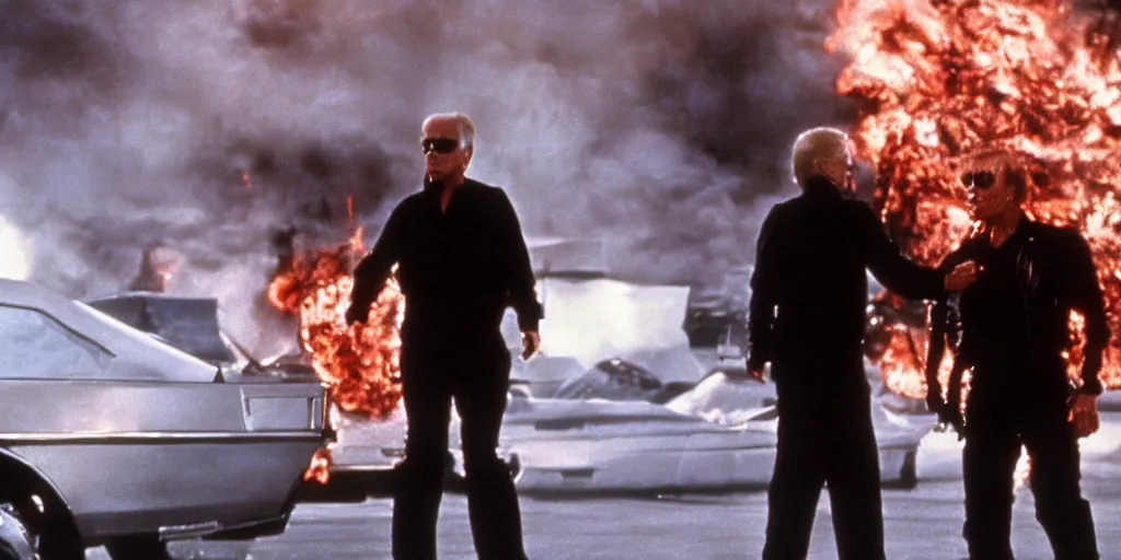 Prompt: joe biden in the terminator shooting terminator donald trump, cinematic, establishing shot, two characters facing each other, extremely high detail, photorealistic, cinematic lighting, James Cameron