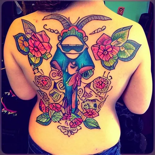 Image similar to tattoo of female on minion back, epic, colorful, beautiful, intricate detail