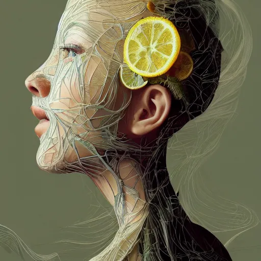 Image similar to the portrait of an absurdly beautiful, graceful, elegant, sophisticated, young teen girl made up of lemons looking up, an ultrafine hyperdetailed illustration by kim jung gi, irakli nadar, intricate linework, bright colors, octopath traveler, final fantasy, unreal engine 5 highly rendered, global illumination, radiant light, detailed and intricate environment