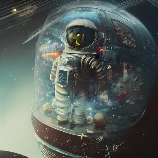 Image similar to an epic portrait of a tiny astronaut entering microscopic multiverse of atoms madness with a tiny macro spaceship, cinematic lighting, trending on Artstation, highly detailed, insane details