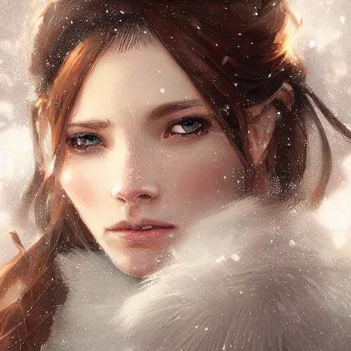 Image similar to a beautiful portrait of an winter goddess with ice hair by Greg Rutkowski and Raymond Swanland, snowflakes falling, Trending on Artstation, ultra realistic digital art