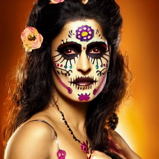 Image similar to salma hayek dia de muertos costume, photorealistic, 8 k,