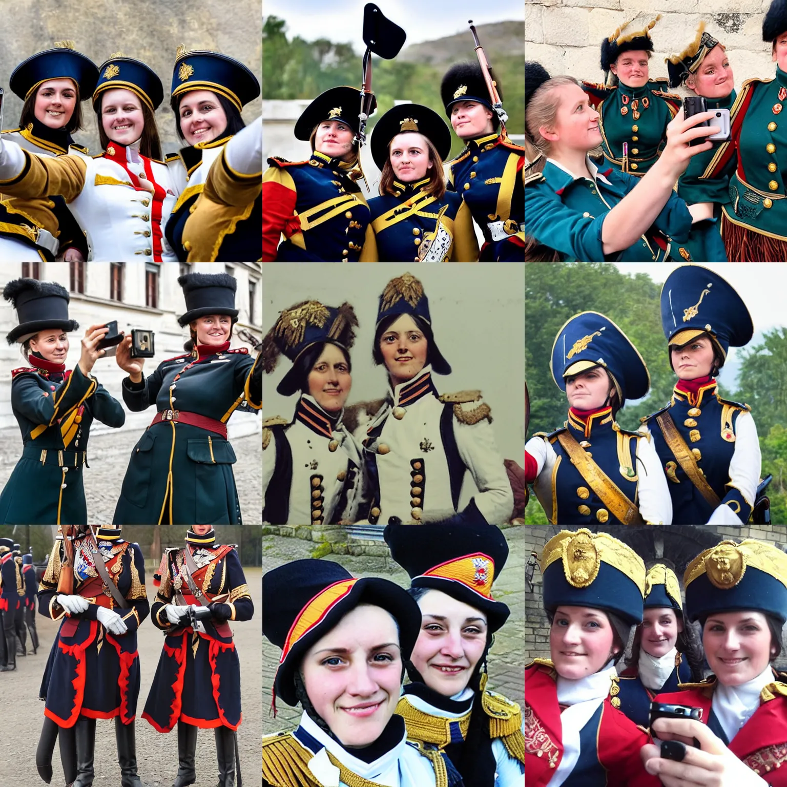 Prompt: three female napoleonic grenadiers pose for a selfie