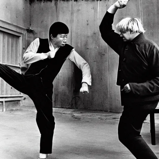 Image similar to Boris Johnson getting beaten in a fight, 60s Kung Fu film, album cover