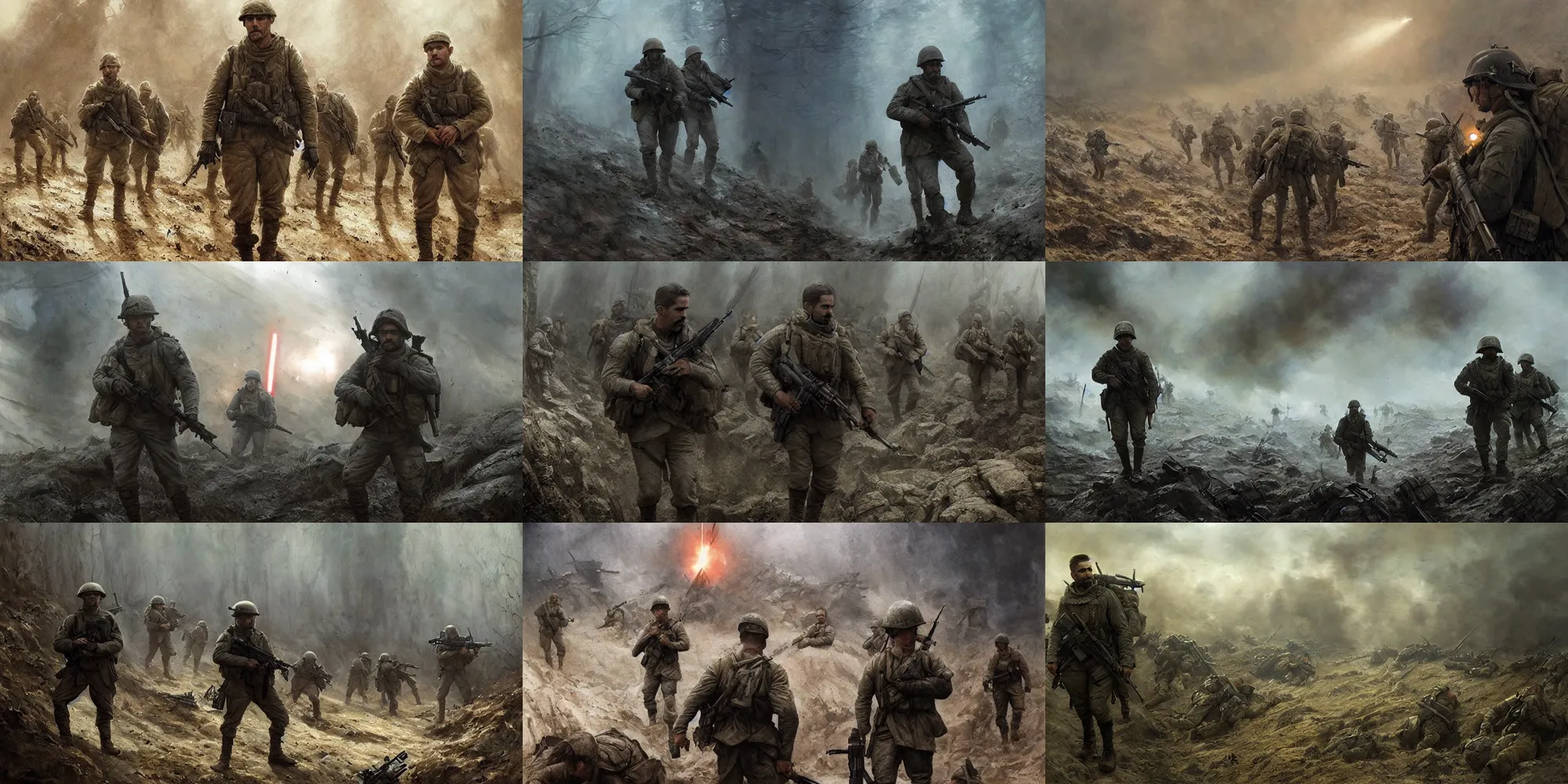 Prompt: colin farrell navy seals in a world war 1 landscape in star wars, trench warfare, atmospheric, beautiful lighting, painted by john howe and greg rutkowski