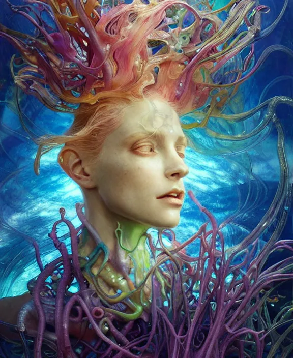 Image similar to colorful transparent portrait of a terrifying beautiful alien sea creature, mottled coloring, adorable, childlike, biopunk environment, ultra realistic, concept art, art nouveau, photorealistic, octane render, 8 k, unreal engine. art by christopher marley and artgerm and greg rutkowski and alphonse mucha