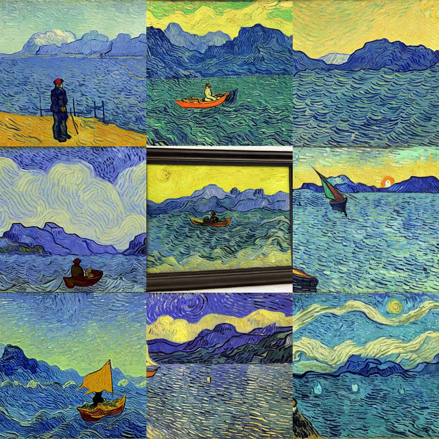 Prompt: man on a boat in the sea, moutains in the background, at dawn, van gogh painting