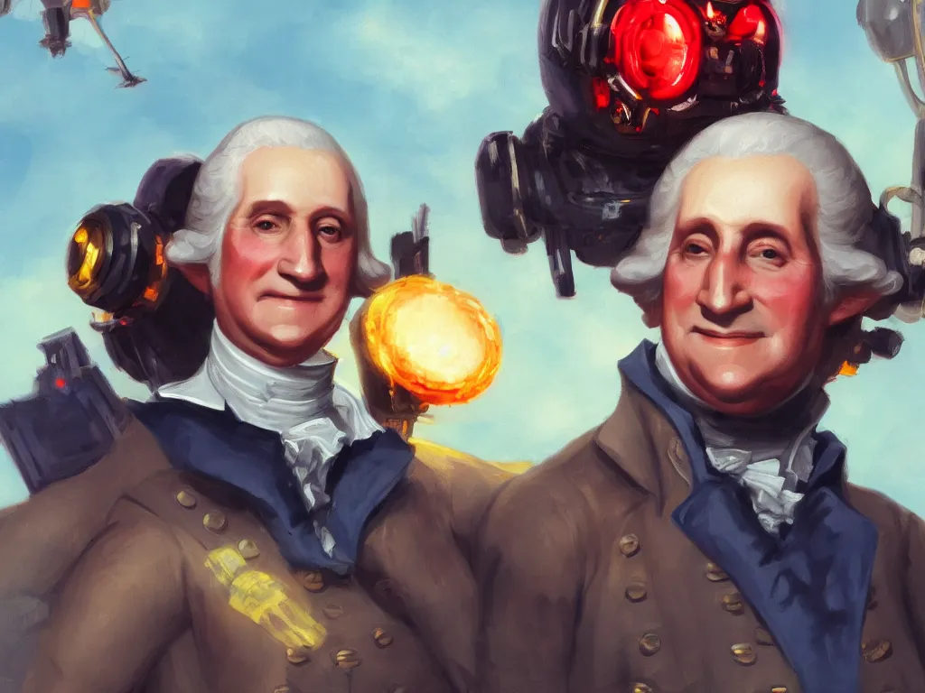 Image similar to a close up of president george washington smiling to the camera, controlling a personal attack mech, by pixar, exciting illustration, explosive colors, trending on artstation