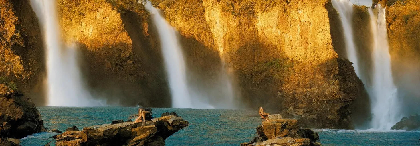 Image similar to dang ngo, annie leibovitz, steve mccurry, a simply breathtaking shot of mediating mon, giant waterfall, golden hour, golden ratio, wide shot, symmetrical