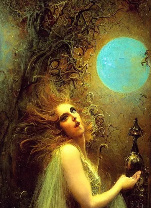 Prompt: surrealism, abstract, witch, portrait, close - up, make up, full big moon, painting by gaston bussiere, soft light