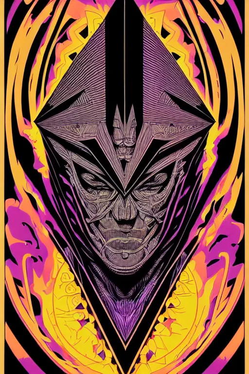 Image similar to portrait of black and psychedelic straight lines poster art by dan mumford, moebius, goblinko, richard corben, wayne barlowe, heavy metal comic cover art, psychedelic triangular skeleton, very intricate, thick outline, full body, symmetrical face, long black crown, in a shapes background, galactic dark colors