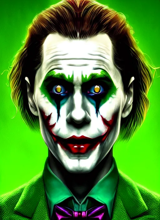 Image similar to portrait of jared leto as the joker, green hair, intricate, elegant, glowing lights, highly detailed, digital painting, artstation, concept art, sharp focus, illustration, art by wlop, mars ravelo and greg rutkowski