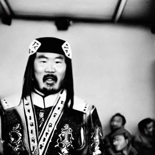 Prompt: Genghis Khan doing stand-up at The Laugh Factory, low angle, 35mm film