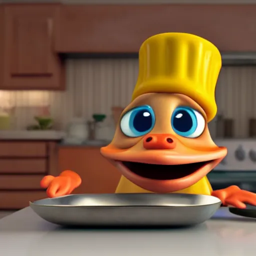 Image similar to pixar 3 d style cute platypus on a kitchen wearing a chef hat and holding a lasagna into an oven, pixar style, 3 d, ratatouille style