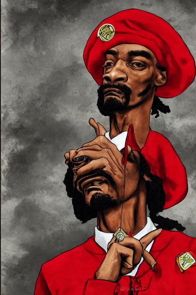 Image similar to an epic socialist realism poster of communist snoop dogg in a red beret smoking a blunt for the proletariat