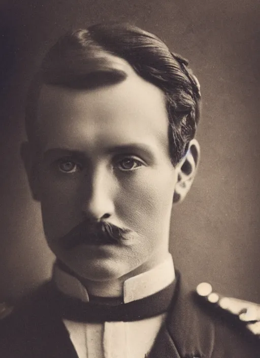 Image similar to close up portrait of a young edwardian naval officer standing on the deck of a ship, male, edwardian, formal, detailed face, deep focus, movie still, dramatic lighting, ray tracing, by hendrik kerstens and paolo roversi