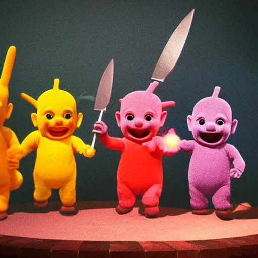 Image similar to A group of 4 Teletubbies, laughing as they use a knife to sacrifice a fellow Teletubby, on a stone table in the living room of an abandoned house. Highly detailed, rendered in unreal engine 5, daguerreotype portrait.