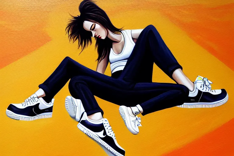 Image similar to a ultradetailed painting of a stylish woman laying on the ground, she is wearing nike air force 1 sneakers, trending on artstation