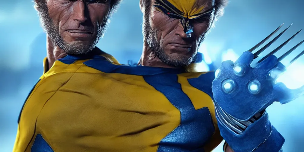 Image similar to clint eastwood as wolverine in blue and yellow costume, octane render, beautiful composition, trending on artstation, award - winning photograph, masterpiece