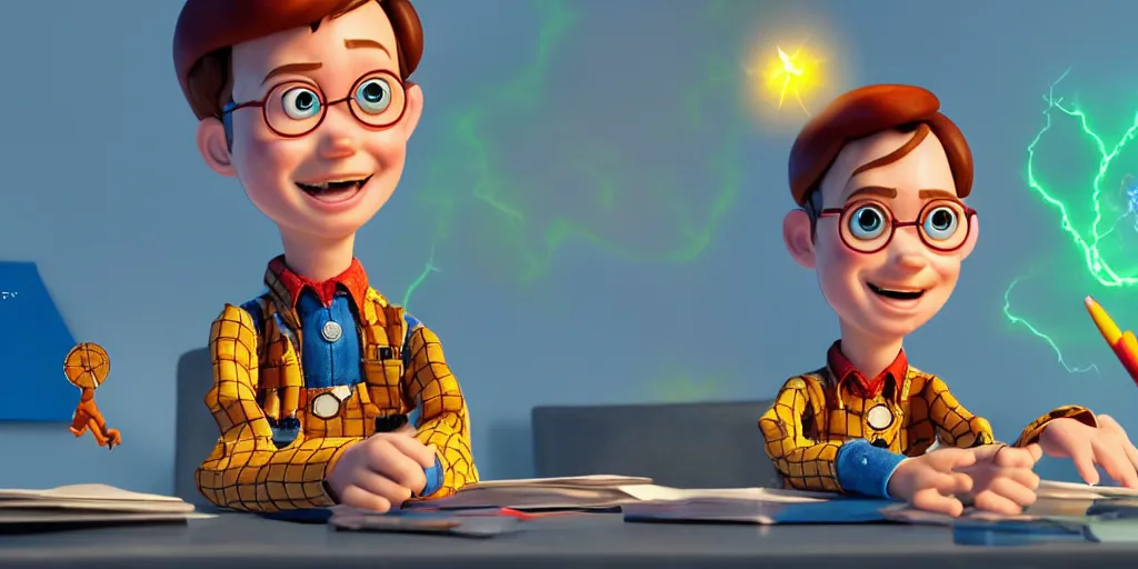 Image similar to a young boy mage that looks like andy from toy story and is at his desk working on a new spell that is casting out flowing energy, colorful, flowing energy, light rays, consistent face, medium shot, waist up, pixar and disney animation, sharp, concept art, highly detailed, trending on artstation, bloom, dramatic lighting, cinematic