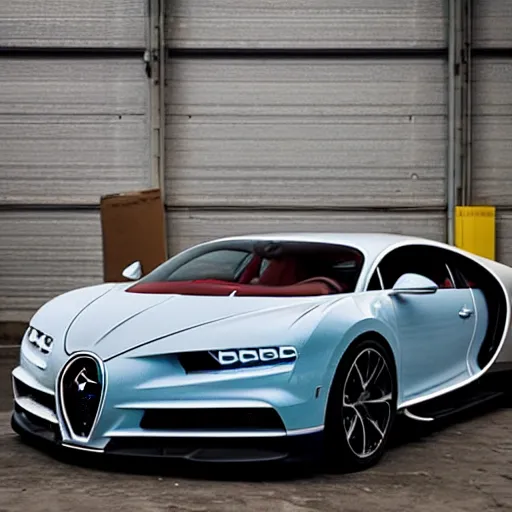 Image similar to an abandoned, derelict, rusty bugatti chiron in a dirty warehouse