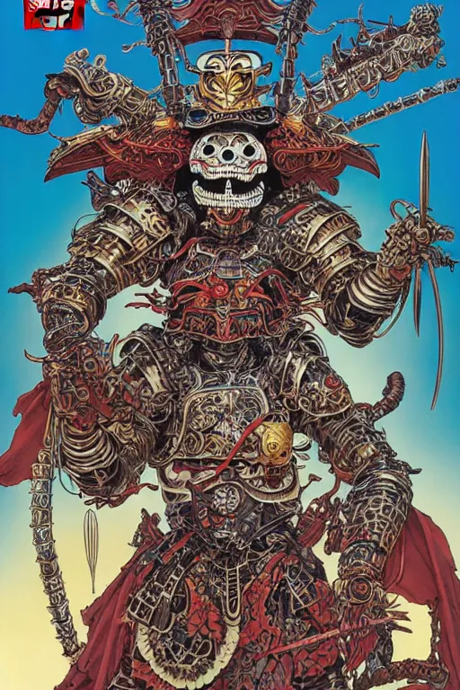 Image similar to magazine cover of crazy roborts skeletor warrior with the tang dynasty of china armor and helmet, by yoichi hatakenaka, masamune shirow, josan gonzales and dan mumford, ayami kojima, takato yamamoto, barclay shaw, karol bak, yukito kishiro