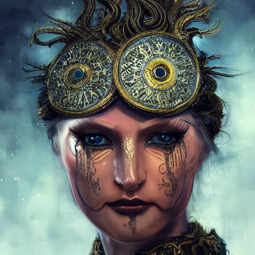 Prompt: Very very very very highly detailed epic photo of face with beautiful ornamental venetian mask, intricate, dystopian, sci-fi, extremely detailed, digital painting, artstation, concept art, smooth, sharp focus, illustration, intimidating lighting, incredible art by Artgerm and Vincent di Fate and Anton Pieck