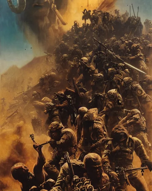 Image similar to Movie poster of the invasion of Mali, Highly Detailed, Dramatic, Heroes, A master piece of storytelling, wide angle, cinematic shot, Violent, highly detailed, cinematic lighting, by frank frazetta + ilya repin , 8k, hd, high resolution print