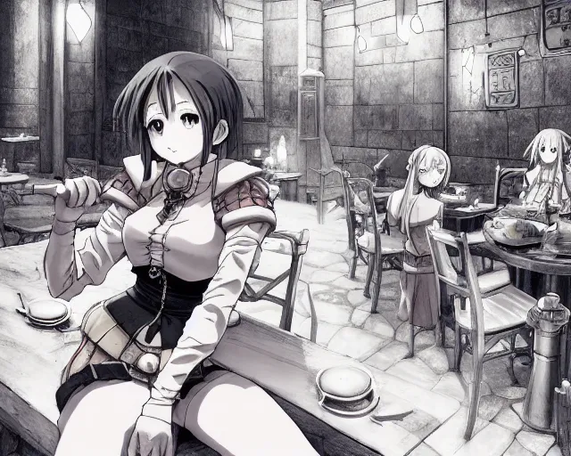 Image similar to anime visual, portrait of a young female in a busy fantasy medieval tavern interior at night, face by yoh yoshinari, murata range, last exile, blue submarine no 6, dynamic pose, dynamic perspective, detailed silhouette, rich texture, seven deadly sins anime, flat, anime cels, matte color, flat lighting on face, rounded eyes