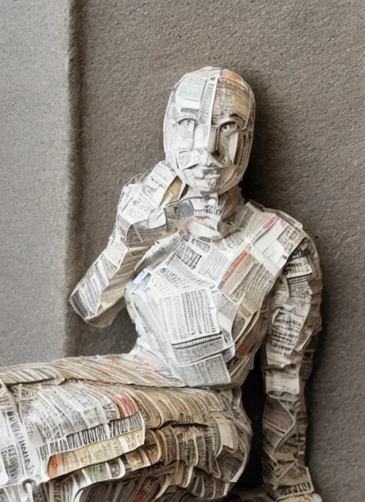 Prompt: a portrait of a beautiful young woman paper mache wrapped and made of newspaper, sitting relax and happy, marble stairs on the the backgroundhyper realistic, 8 k,