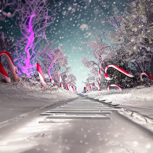 Image similar to a large colorful candy cane is sticking out the ground on the side of a serene foot path. there are some snow drifts laying against the candy. there are snow flurries in the air. epic, awe inspiring, dramatic lighting, cinematic, extremely high detail, photorealistic, cinematic lighting, trending on artstation cgsociety rendered in unreal engine, 4 k, hq,