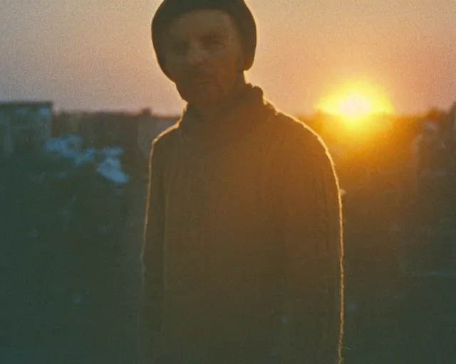 Image similar to award - winning lomographic tarkovsky film still of 4 0 years russian man with beard and sweater standing on small hrushevka 9 th floor balcony in taiga looking at sunset, cinestill, bokeh