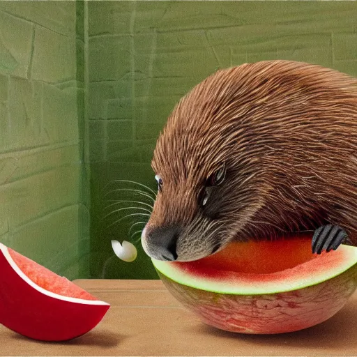 Image similar to a realistic photograph of a beaver spitting watermelon seeds into a bucket, detailed, glow, 8k, hyper-realsim