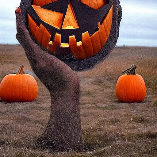 Prompt: A land art. A rip in spacetime. Did this device in her hand open a portal to another dimension or reality?! pumpkin orange by Richard Doyle, by Don Maitz sinister, ornate