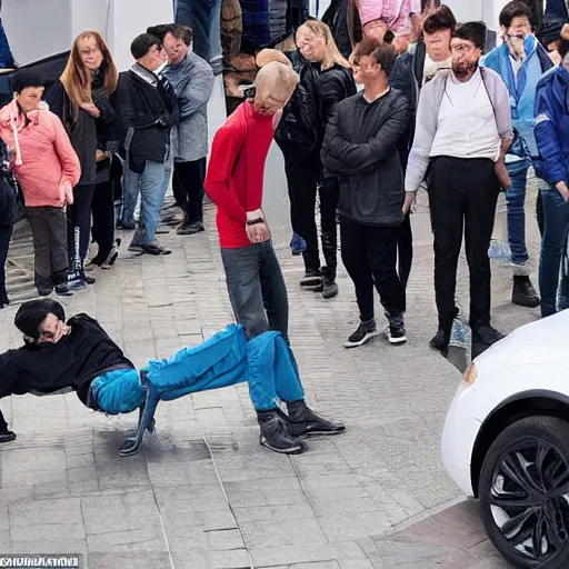 Image similar to car-manipulator picks up one person from a queue of people looking for a store