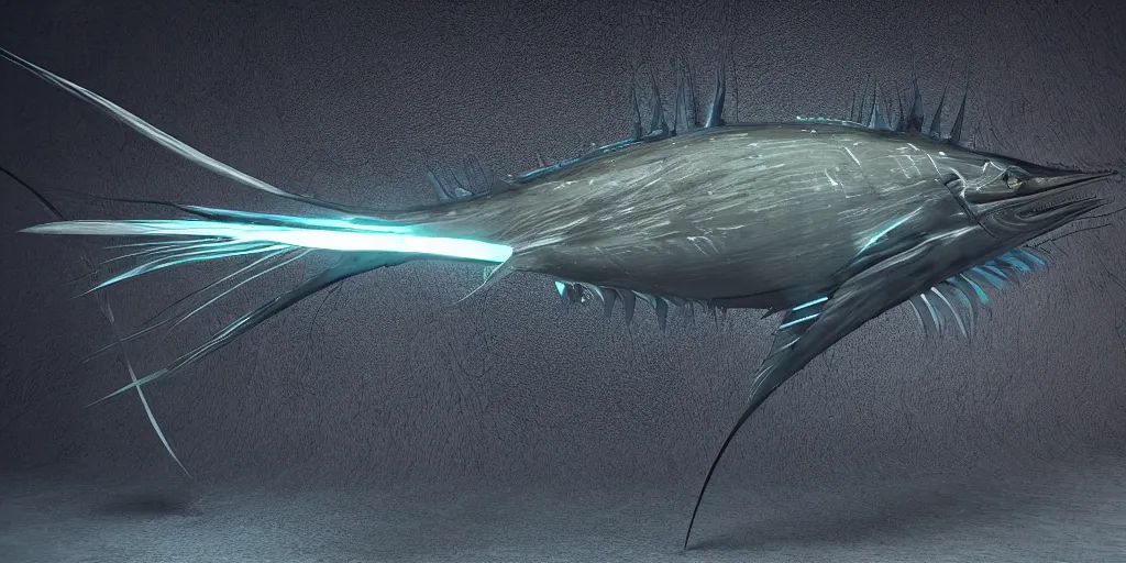 Image similar to sailfish, stylized layered textures, long flowing fins, bioluminescent orbs, 3 d render, substance painter, glowing eye, smooth, sharp focus, art by h r giger