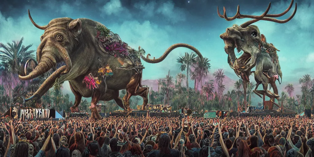 Prompt: hyper realistic coachella stage in the style of a mastodon album cover, highly detailed, intricate, digital painting, artstation, 3 5 mm film grain