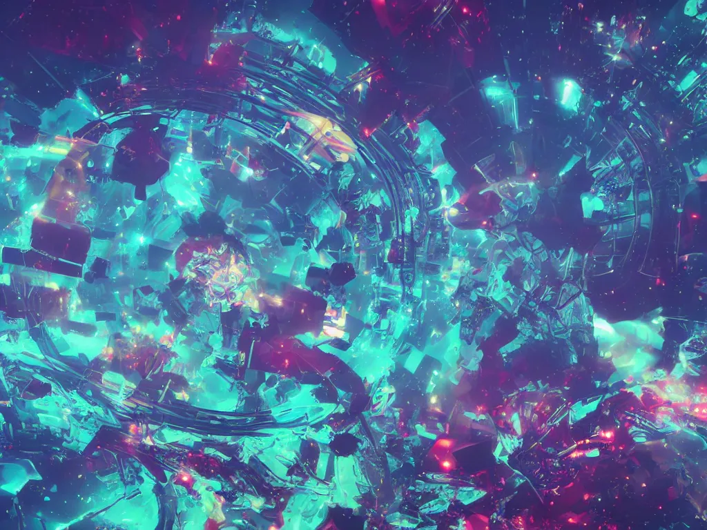 Image similar to mystical colorful cyberpunk planet with a clear blue lake in a clearing where an abstract nebula crystal sculpture is floating above it, powerful, 4k, photograph, vaporwave