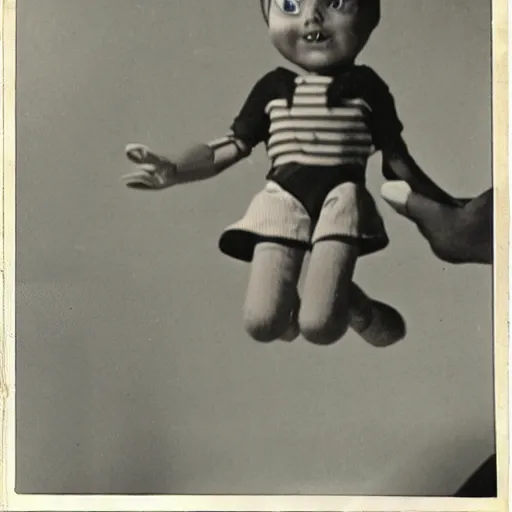 Image similar to 1 9 5 0 s, children toys on strings, fear, doll phobia, horror, jump scare, pov, polaroid,