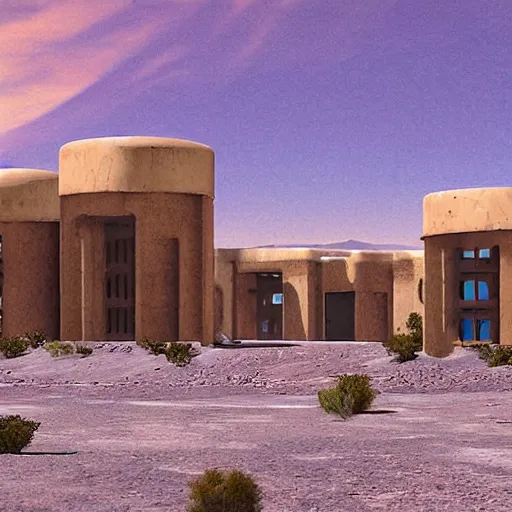 Image similar to cyberpunk pueblo architecture covering a desert landscape