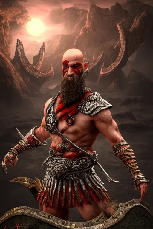 Image similar to an ultra detailed 3 d render of the sun tzu dressed like kratos as an elden ring boss, epic anime fantasy, 8 k, in the style of a fantasy metal album cover and magic the gathering, volumetric lighting, smooth, highly detailed, digital illustration, octane render, art by albert bierstadt and greg rutkowsi, artstation