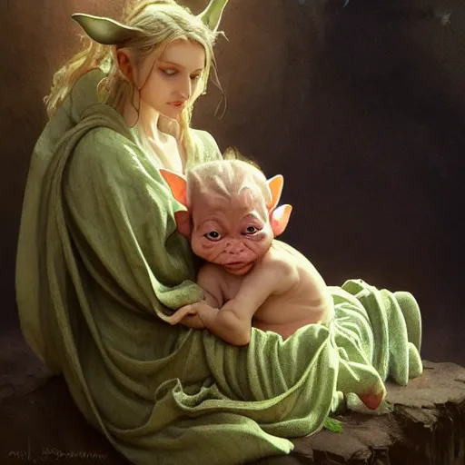 Image similar to baby yoda in the role of frodo bagging, intricate, elegant, highly detailed, digital painting, artstation, concept art, smooth, sharp focus, illustration, art by artgerm and greg rutkowski and alphonse mucha and william - adolphe bouguereau