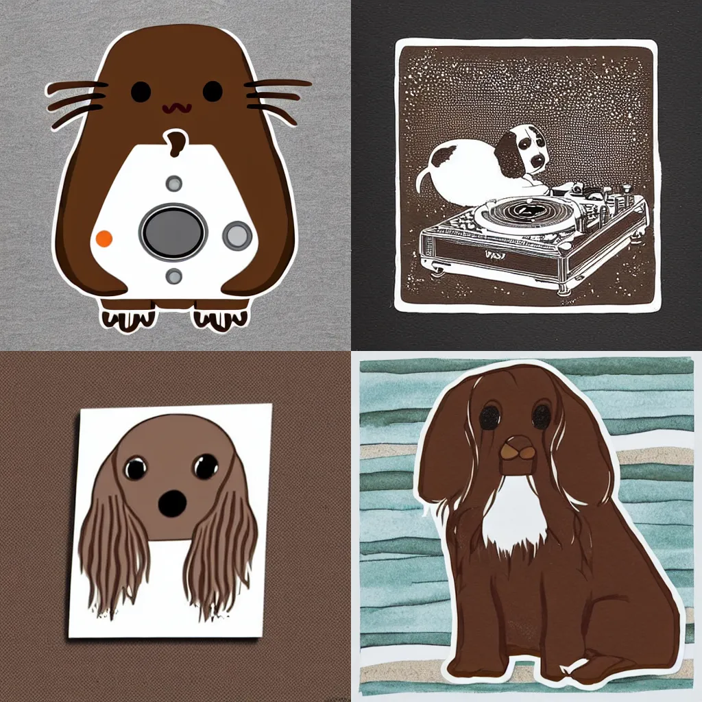Prompt: a brown and white sprocker Spaniel!!, Playing DJ!!! Turntable!!!!!!. Style of Pusheen!!. Comic, artwork, silly,expressive!!!!!, front facing, (webcomic),((woodblock)),(screen print), watercolours, single, 'white background'!!!