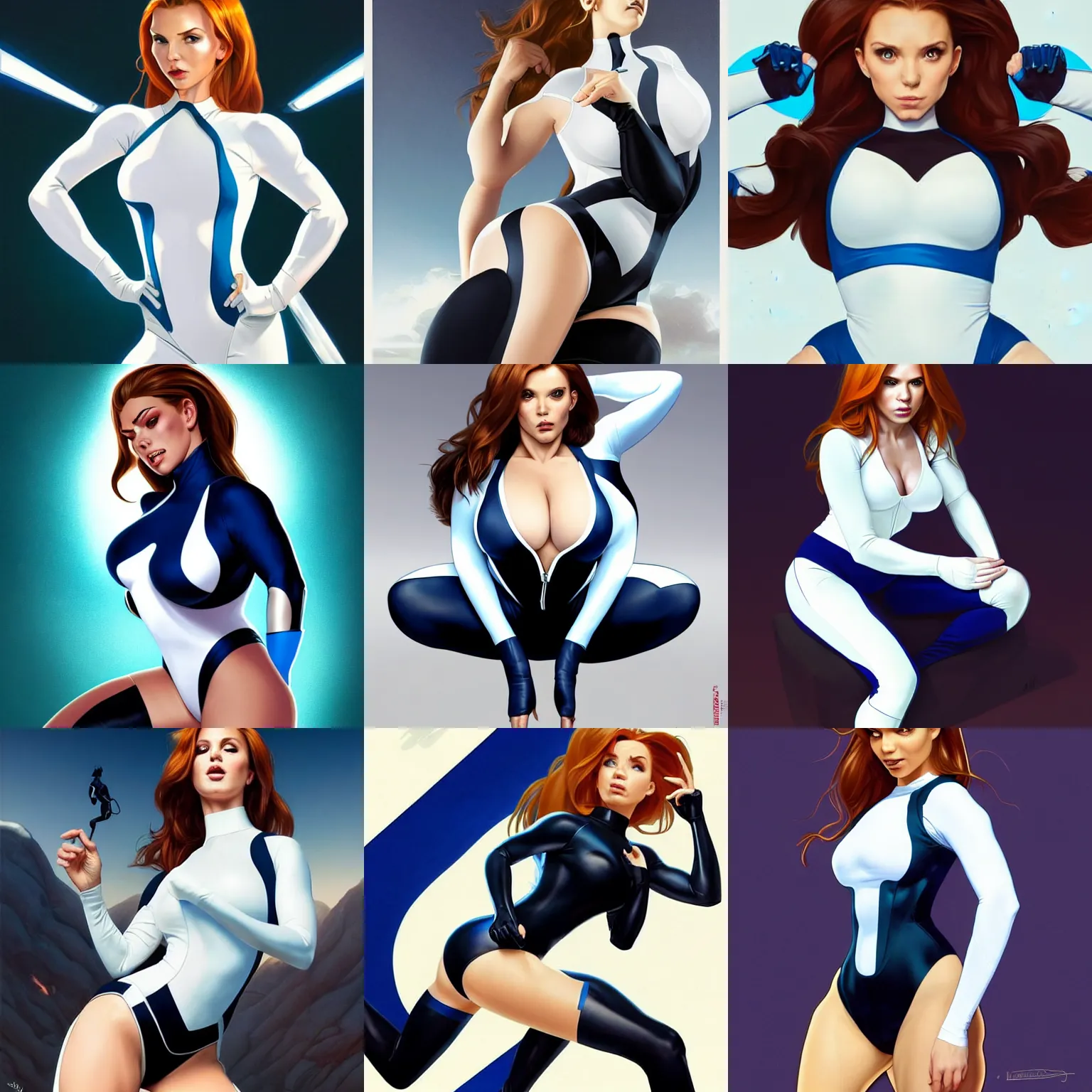 Prompt: striking character concept portrait, kim possible, sitting down with wrists together, white and blue leotard costume with zipper, curvaceous. detailed, high quality, dark lighting, very high contrast with dark background, fantasy, reflective, spotlight. digital artwork by artgerm and wlop and alex ross and greg rutkowski and alphonse mucha, trending on artstation
