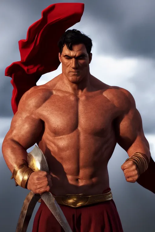 Prompt: upper body portrait of a hulking herculean chiseled superman as a fantasy barbarian, clothed in silk, sunrays, cinematic lighting, photorealistic, octane render, 8 k, depth of field, 3 d by titian